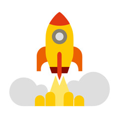 Stylized cartoon rocket blasting off into space with orange and yellow flames and grey smoke