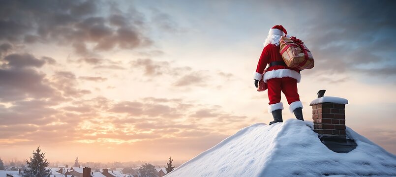 Santa claus christmas eve rooftop delivery presents gifts chimney holiday season winter snow scene magic - Powered by Adobe