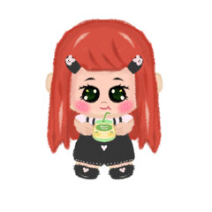 Cute Red-Haired Chibi Girl – Kawaii Pastel Digital Art, Cute Character Illustration, Banana Milk Aesthetic.