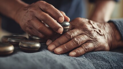 Fototapeta premium therapist hands adjusting cupping tools on elderly man detailed lifestyle shot