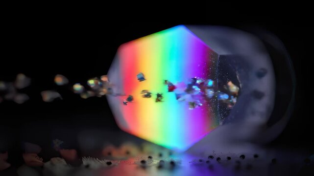 Crystal Prism Deflecting Particles Across Colorful Light Spectrum