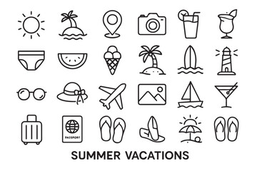 Fototapeta premium Summer Vacation Vector Icons with Swimwear, Suitcase, and Travel Symbols