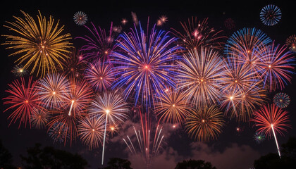 Obraz premium Vibrant Fireworks Display With Colorful Explosions In Night Sky