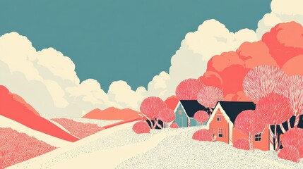 Serene Landscape with Colorful Houses and Lush Trees