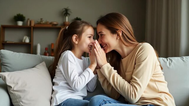 A cheerful mother and her young daughter sit together on a couch, whispering and smiling, creating a warm and intimate family moment in a cozy home interior.