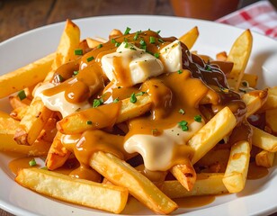 Delicious Poutine Dish with Crispy French Fries, Cheese Curds and Rich Gravy