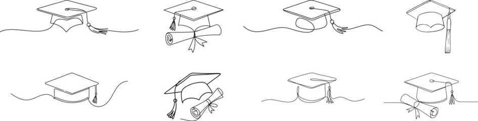 Graduation cap and rolled diploma line art set, continuous single line style, graduation cards, invitations.