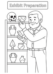 Coloring book Father archaeologist preparing museum exhibit display shelf