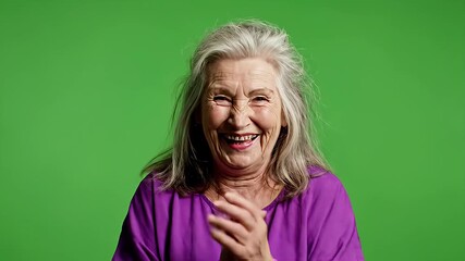 A joyful senior woman with gray hair heartily laughs and claps her hands in excitement expressing genuine happiness against a vibrant green screen background