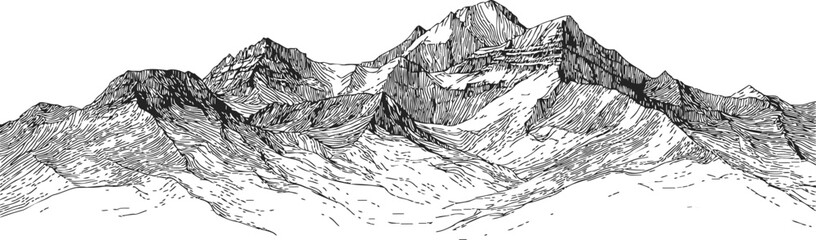 Mountain range sketch, hand drawn line art with detailed peaks and ridges. Vector illustration