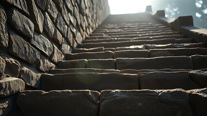 Fototapeta premium ascending. Ancient stone staircase with visible footprints ascending upward in misty light. real-estate listings.