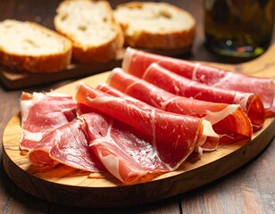 Delicious prosciutto and bread served on a wooden board, ready to be eaten