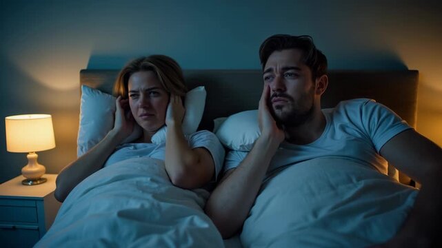 Frustrated couple lying in bed at night, covering their ears with hands, struggling to sleep due loud noise. Night lamp on bedside table, sleeplessness and discomfort. Neighbors interfere with sleep