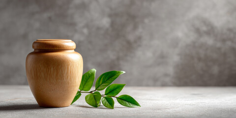 Wooden urn with green leaves on textured surface against blurred gray background symbolizing nature and remembrance