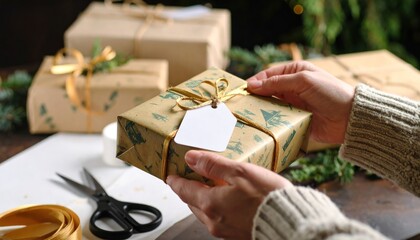 Hands wrapping Christmas gifts with holiday preparation, and brown paper.