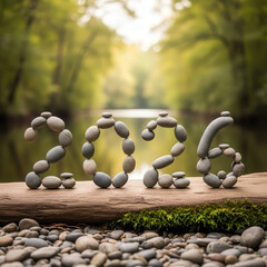 Stones arranged into 2026, nature balance and zen feeling