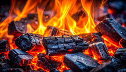 Burning charcoal embers glowing with intense orange heat, small flames flickering between coals.