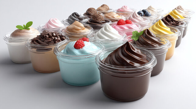 A colorful array of individual desserts each featuring unique flavors and toppings. Each dessert is presented in a clear glass container