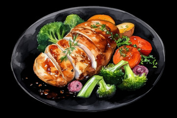 Chicken Fillet with Vegetables Illustration Broccoli, Tomatoes and Soy Oil on Plate, Vector Isolated on Black isolated Background