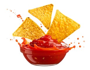 Delicious tortilla chips diving into a bowl of vibrant tomato salsa dip