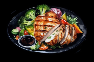 Chicken Fillet with Vegetables Illustration Broccoli, Tomatoes and Soy Oil on Plate, Vector Isolated on Black isolated Background