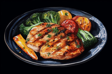 Chicken Fillet with Vegetables Illustration Broccoli, Tomatoes and Soy Oil on Plate, Vector Isolated on Black isolated Background