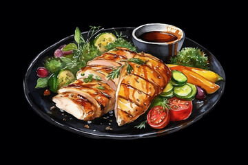 Chicken Fillet with Vegetables Illustration Broccoli, Tomatoes and Soy Oil on Plate, Vector Isolated on Black isolated Background