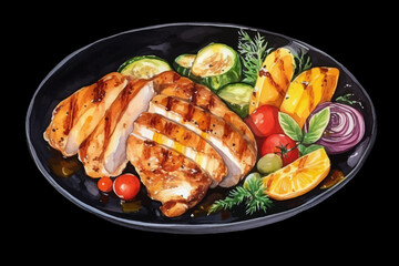 Chicken Fillet with Vegetables Illustration Broccoli, Tomatoes and Soy Oil on Plate, Vector Isolated on Black isolated Background