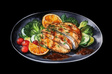 Chicken Fillet with Vegetables Illustration Broccoli, Tomatoes and Soy Oil on Plate, Vector Isolated on Black isolated Background