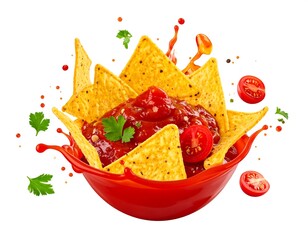 Delicious tortilla chips with homemade red salsa dip in red bowl on white background