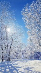 Fototapeta premium bright sunny winter day, sparkling snow on trees, clear blue sky, serene and uplifting, detailed, realistic