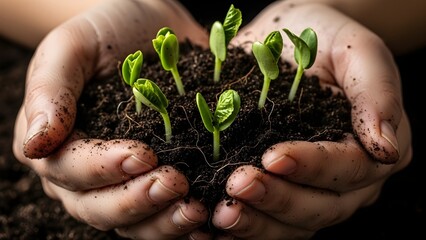 Nurturing new life with care and hope, tiny seedlings sprout in cupped hands, a promise of growth and renewal, ideal for sustainability projects and environmental initiatives