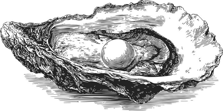 Oyster with pearl sketch, hand drawn detailed shell and gemstone. Vector illustration