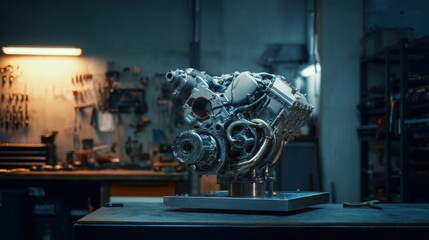clean photo of modern small turbo engine on a stand, bright workshop light, minimal clutter, smooth metallic surfaces, calm technical mood