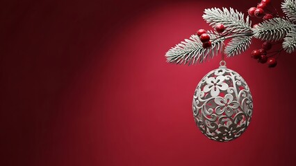 Elegant ornate Christmas ornament hanging on frosted pine branch with red berries on deep red background