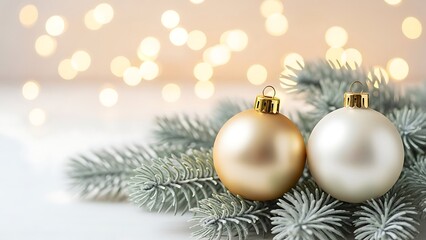 Two elegant Christmas ornaments on frosted pine branches with soft bokeh lights in the background