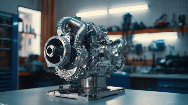 clean photo of modern small turbo engine on a stand, bright workshop light, minimal clutter, smooth metallic surfaces, calm technical mood