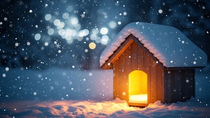A snowy dog house with light shining in the dark winter night
