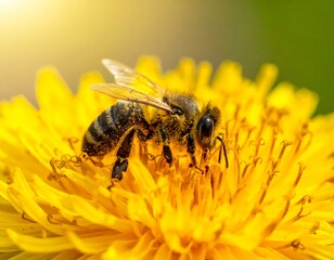 Detailed close-up of a bee collecting pollen from a bright yellow dandelion