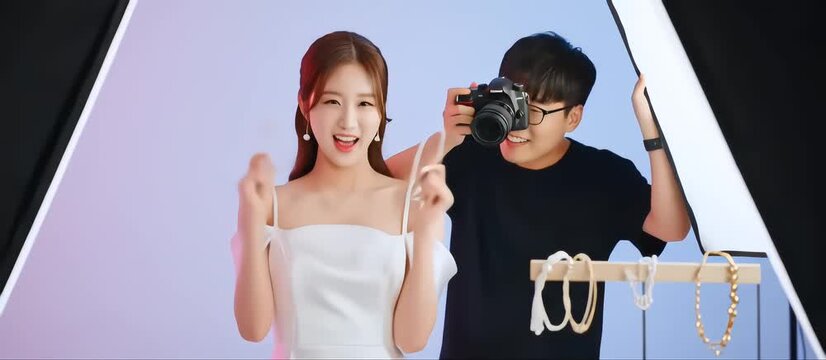 Professional photographer taking pictures of smiling Asian model posing with jewelry in studio - Powered by Adobe