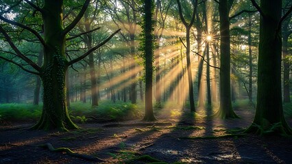 Sunlight filtering through the trees in a lush green forest creating a magical atmosphere and casting long shadows on the ground