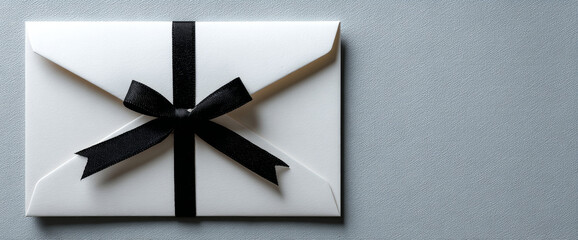 White envelope tied with black ribbon bow on textured gray surface, minimalistic composition with soft lighting and shadow