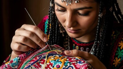 Uzbek woman carefully embroiders colorful suzani textile with intricate braids and bright eyes.
