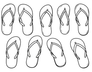 Doodle art featuring a collection of flip-flops on a white background, perfect for summer