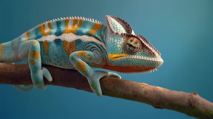Detailed macro shot of a beautiful chameleon with intricate turquoise and orange patterns, representing adaptability and the vividness of tropical wildlife - Powered by Adobe