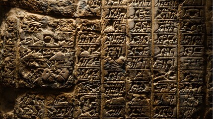 Detailed Illustration of Mesopotamian Ancient Writing with Akkadian Cuneiform and Sumerian Symbols Carved on Clay Tablets