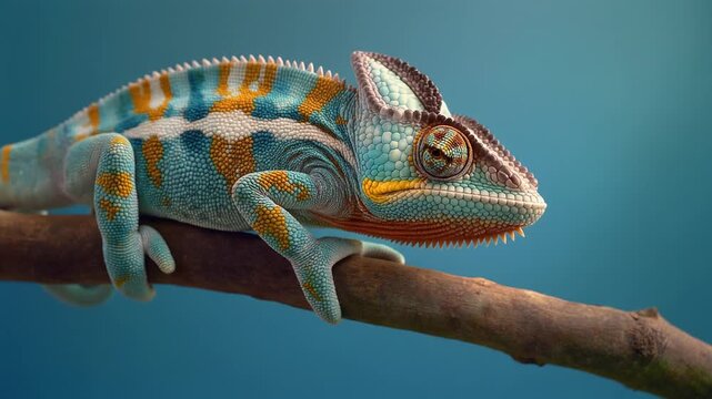 Detailed macro shot of a beautiful chameleon with intricate turquoise and orange patterns, representing adaptability and the vividness of tropical wildlife