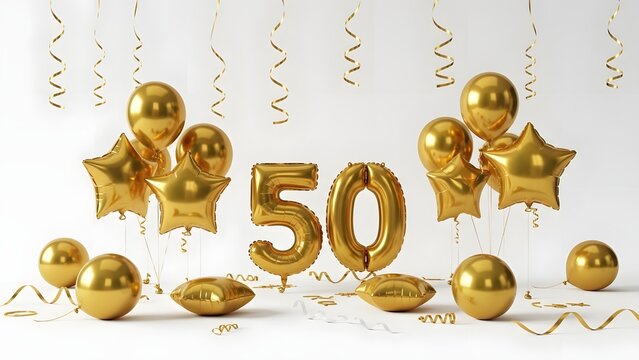 Golden 50th anniversary balloons with streamers for a festive celebration - Powered by Adobe