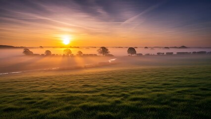 Obraz premium Idyllic Sunrise Over a Rolling Meadow Capturing the Beauty of Early Morning Light and Atmosphere