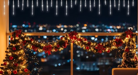 Cozy christmas eve window view with city lights and icicle lights